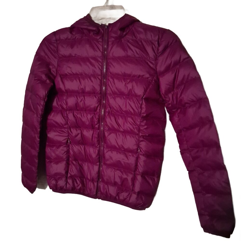 Cozy Puffer Down Jacket Purple Violet with Hoodie and Storage Bag NWT